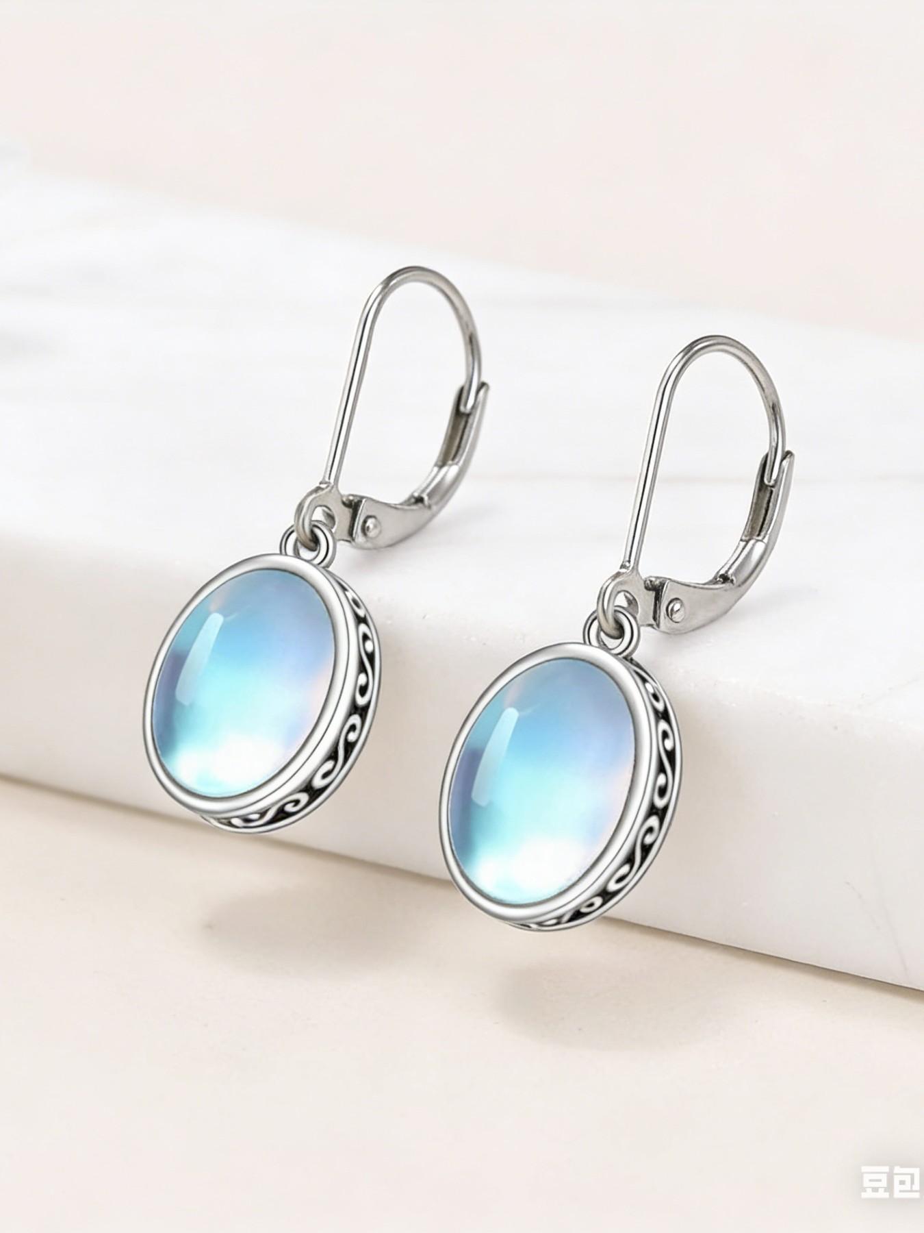 Women's 925 Silver Vintage Bohemian Oval Moonstone Dangle Earrings, Hypoallergenic Fashion Jewelry, Perfect for Daily Wear and Gifts