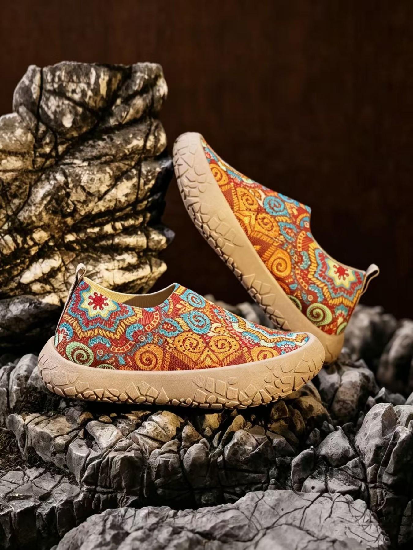 Women's Colorful Graffiti Slip-On Sneakers, Breathable Knit Mesh Comfortable Walking Shoes, Lightweight Non-Slip Soft Sole Casual Loafers for Outdoor, Work, Travel and All-Day Wear