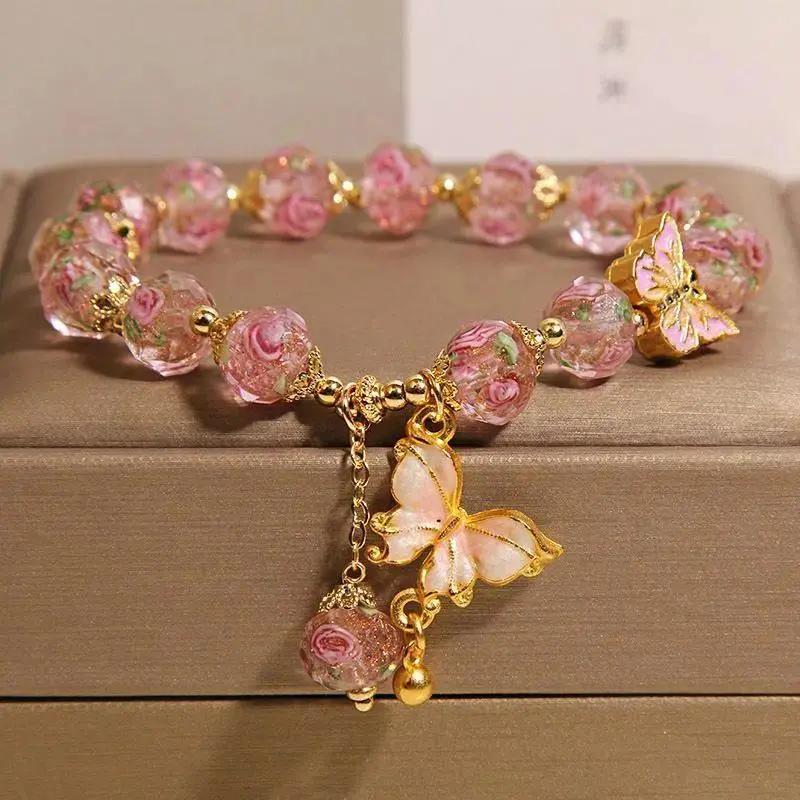 Boho Butterfly Beaded Bracelet for Women with Turquoise & Pink Marble Stone, Non-Tarnish Stainless Steel with Gold Accents, Adjustable Fit for Boho Chic Outfits, Beaded Chain, Butterfly Motif, Parties/Festivals, Stretch Bracelet, Exquisite Trendy Bracelet