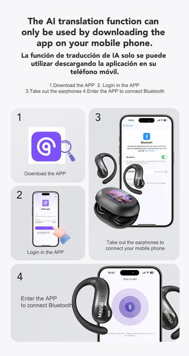 MINISO MS188 Translatable Smart Headphones, LCD Wireless Bluetooth Earphones With 134 Languages,OWS Open Ear Headsets with Mic Charging Box Earbuds Christmas gifts