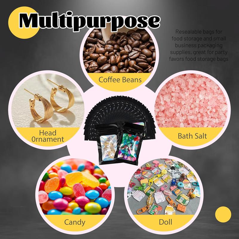 Mylar Holographic Bags 300 Pack with Clear Window Resealable Smell Proof Organiser Bags Zipper Foil Pouch for Samples Small Business Black 4x6 Inches - Aluminium