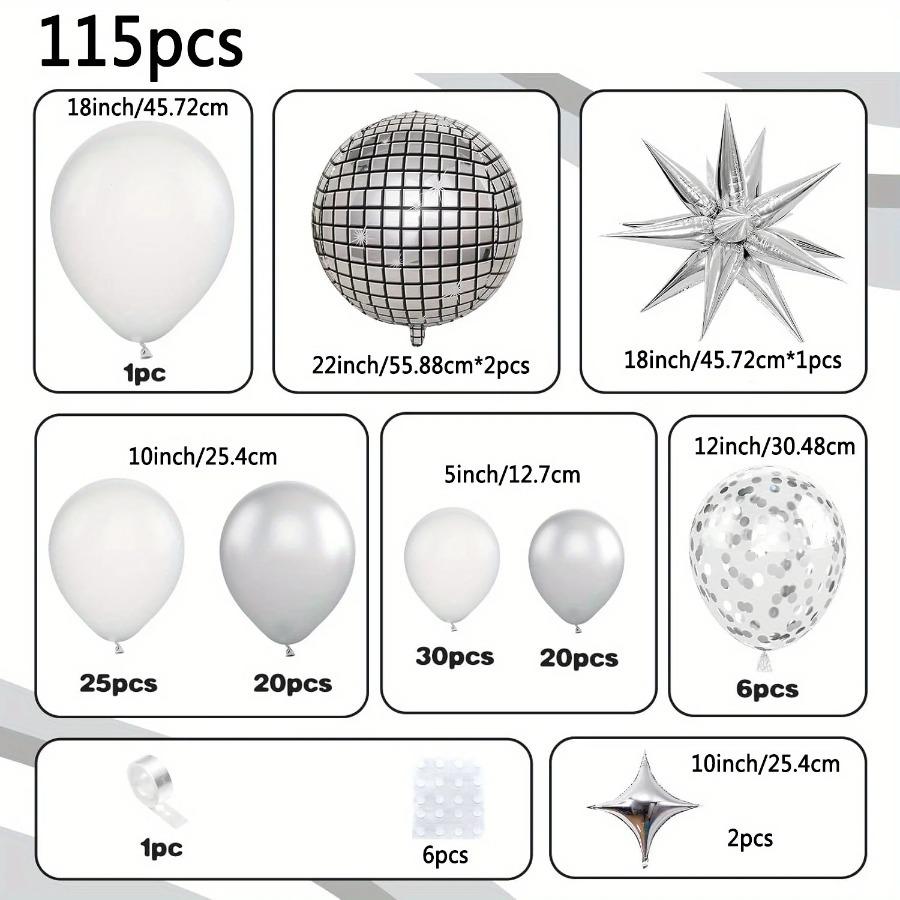 115pcs Themed Balloon Set:White and Silver Party Balloons for Birthday Parties,weddings or Celebrations,themed Event Decorations