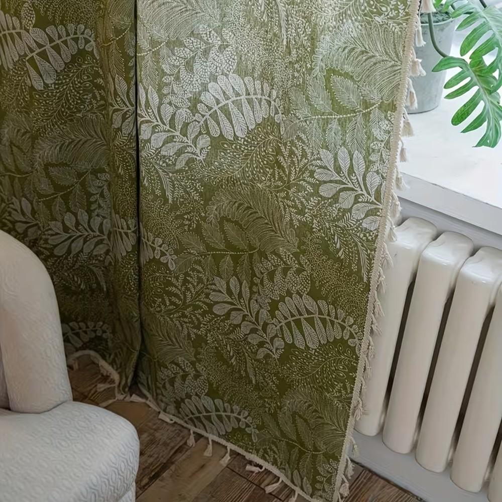 1pc Olive Plant Print Curtain, Cotton Linen Texture, Fringe Edge, Living Room Bedroom Balcony Floor-To-Ceiling Decorative Curtain