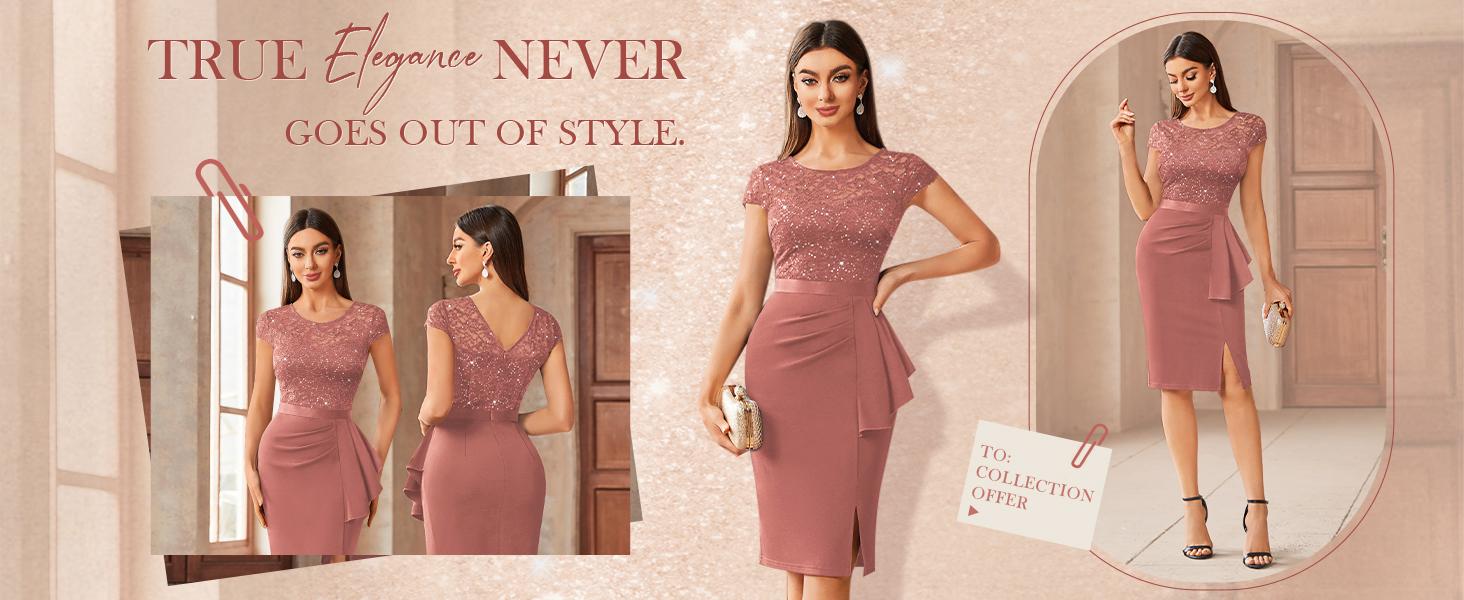 MIUSOL 13169 Women's Sequin Lace Elegant Crewneck Cap Sleeve Ruffle Split Hem Formal Womenswear Workwear Party Date Cocktail Dress