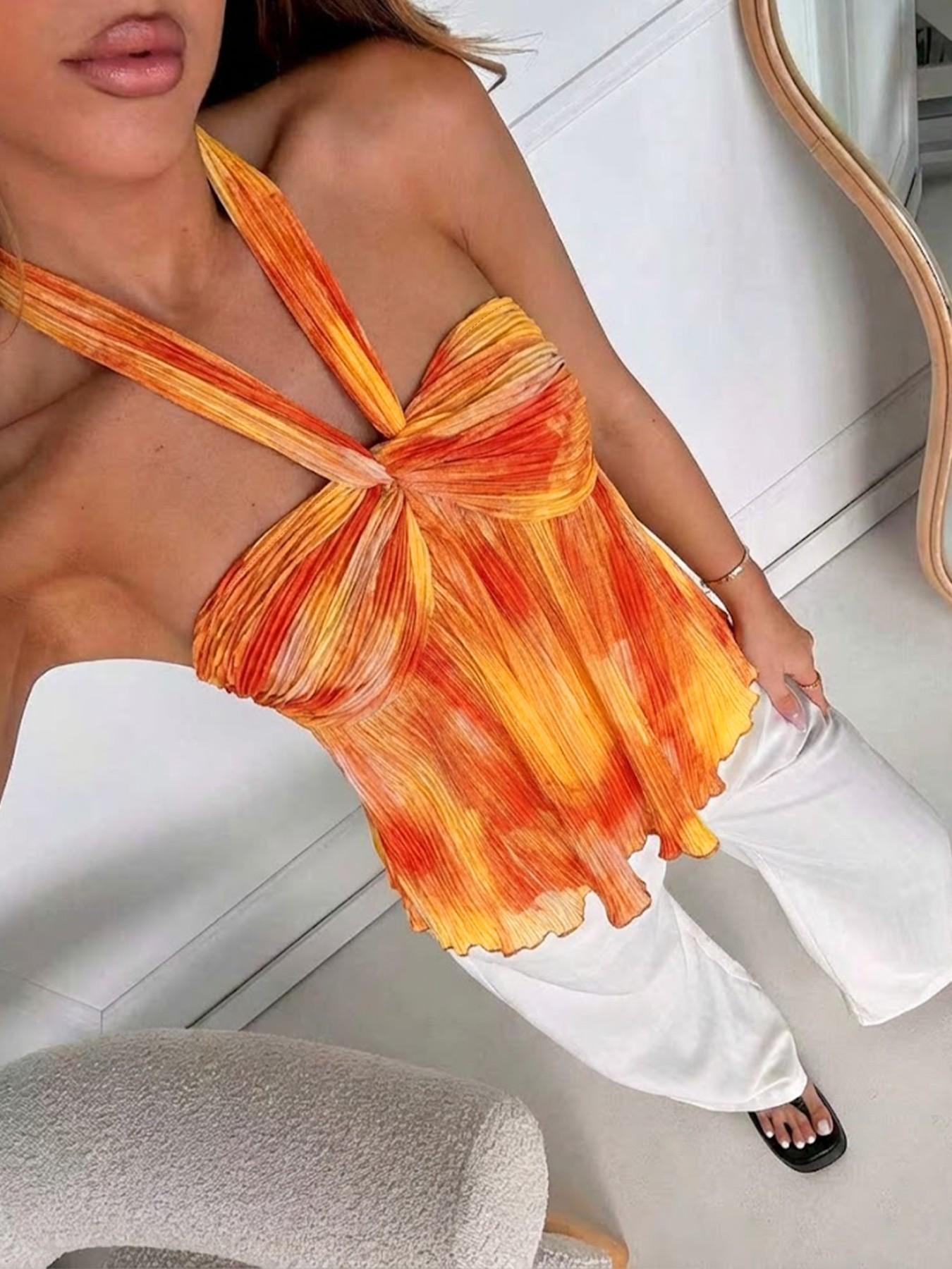 Women's Summer Sexy Vacation Gradient Color Backless Halter Top, Stylish Chic Ruched Design, Perfect for Casual Wear