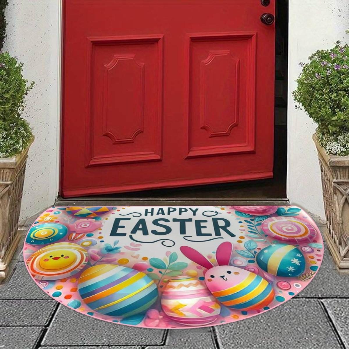 Easter Egg Bunny Pattern Half Round Door Mat, Festive Soft Bottom Durable, Indoor Outdoor Use, Living Room Kitchen Bedroom Balcony Decor, Easter Theme