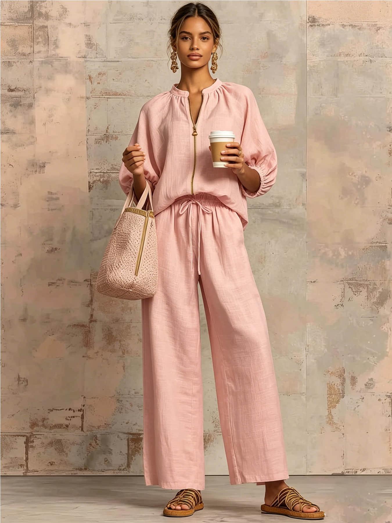 Two piece set of women's vacation casual basic fashion palazzo set Pants Sets Clothes solid color zipper round neck wide leg pants, suitable forallseasons, suitable for vacation, Outdoor, indoor and outdor wear.