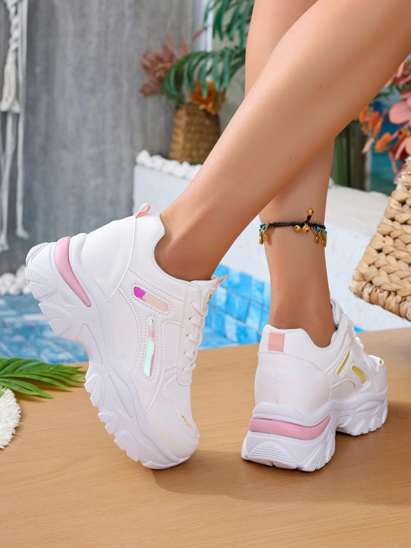 Women's Colorblock Chunky Sneakers | White Pink Casual Platform Shoes | Comfortable Breathable Height Increasing Trainers for Ladies | Trendy OOTD Streetwear Sneakers for Four Seasons.