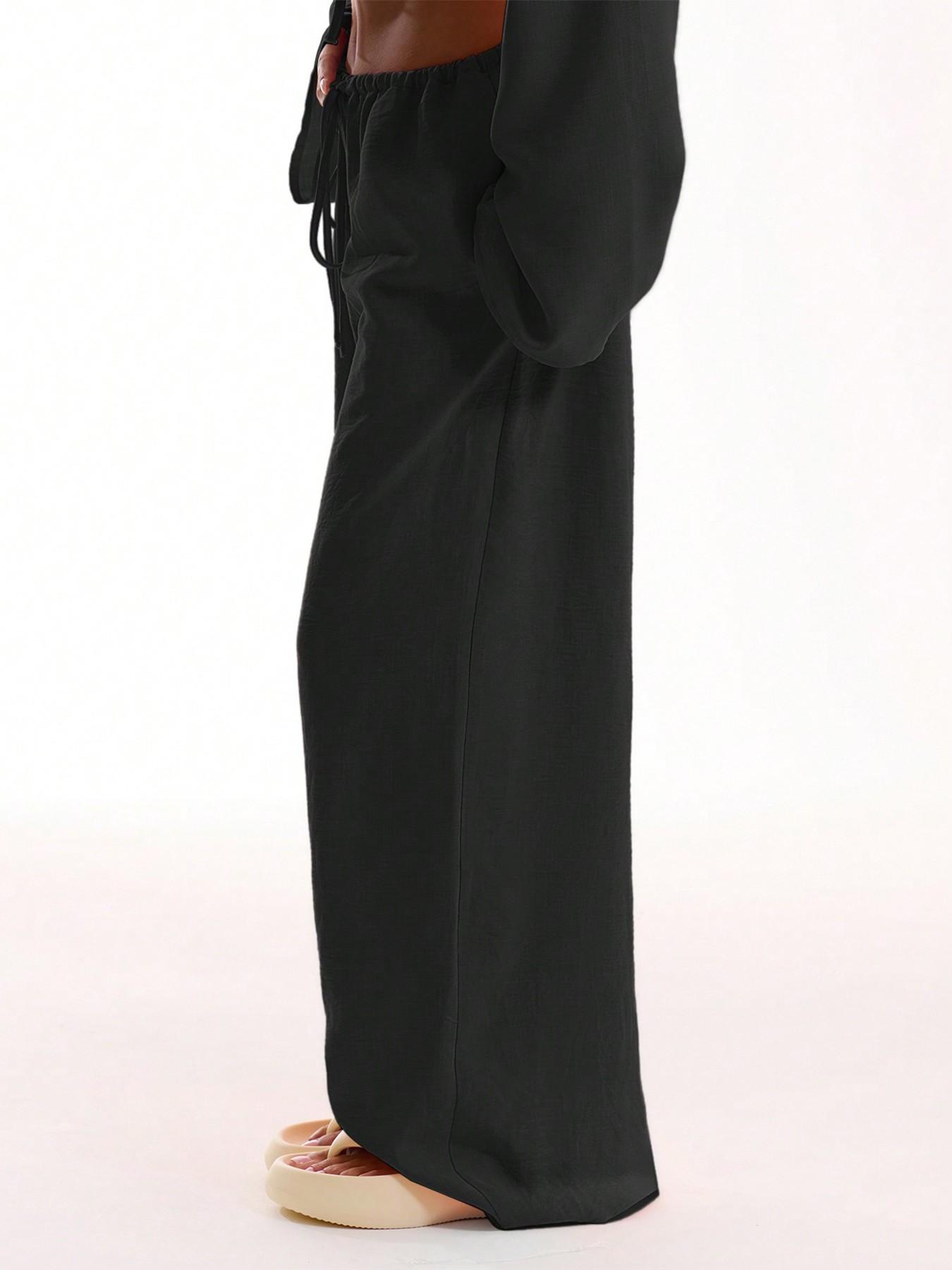 Women's Casual Loose Black Linen Wide Leg Pants Elastic Waist Drawstring Baggy Trousers Streetwear Yoga Lounge Wear