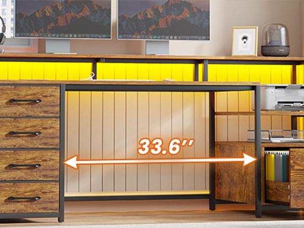 SEDETA 66-inch Home Office Desk with File Drawers and Power Outlets Printer Cabinet with Storage Shelves and Monitor Shelf, Game Table with LED Lights