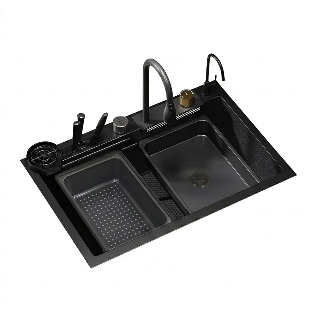 QORVANE Black Kitchen Sink, Undermount Workstation Sink with X-Shaped Fast Drainage & Knife Block, 27/30 Inch Drop-in Stainless Steel Single Bowl for Home RV Outdoor with Brass Waterfall Faucet and Glass Rinser