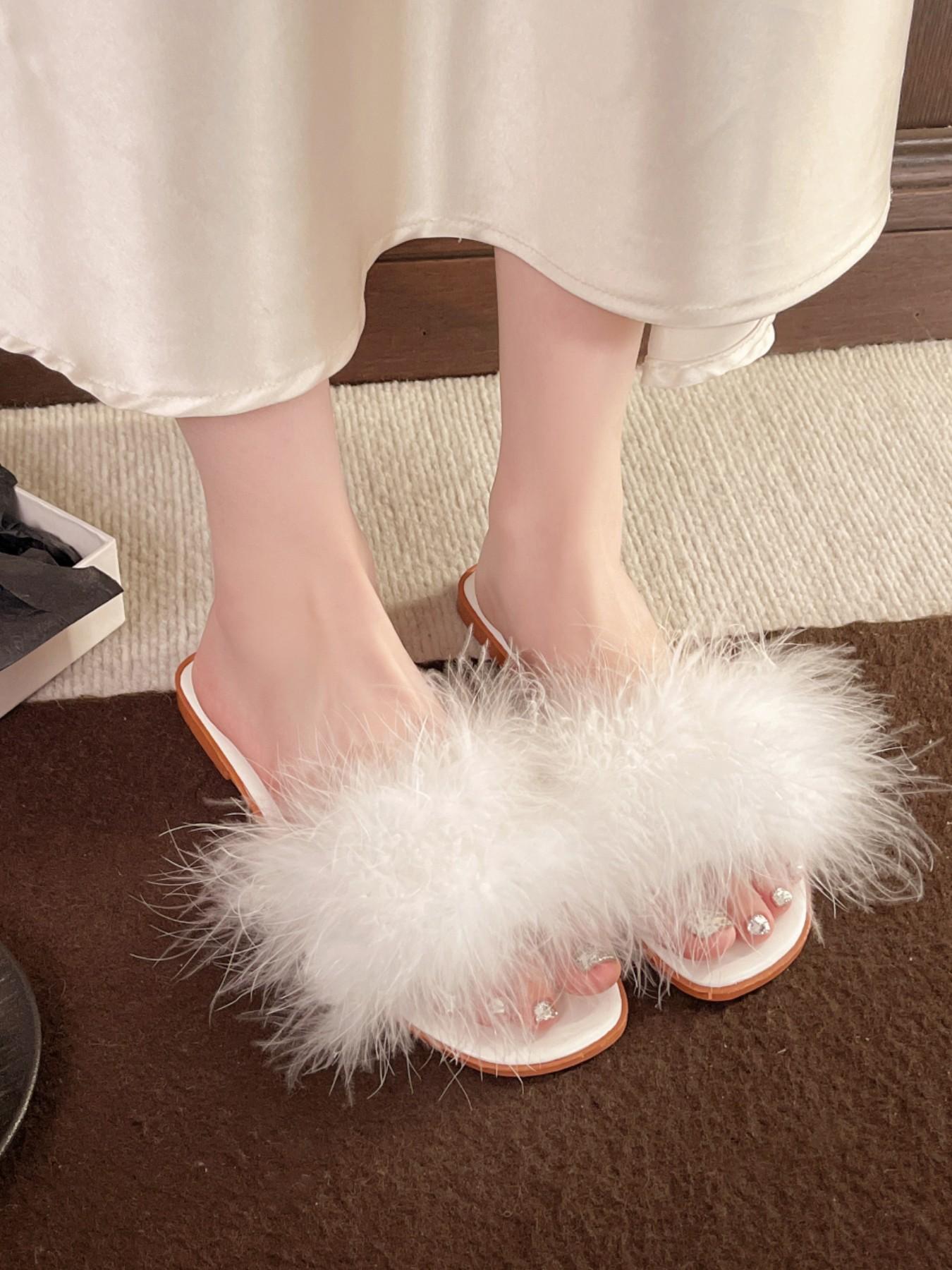 Women's New Plush Slippers, Indoor Outdoor Wear, Fashion Low Heel Wedding Bridesmaid Slippers, Comfortable Textile Upper, Elegant Style