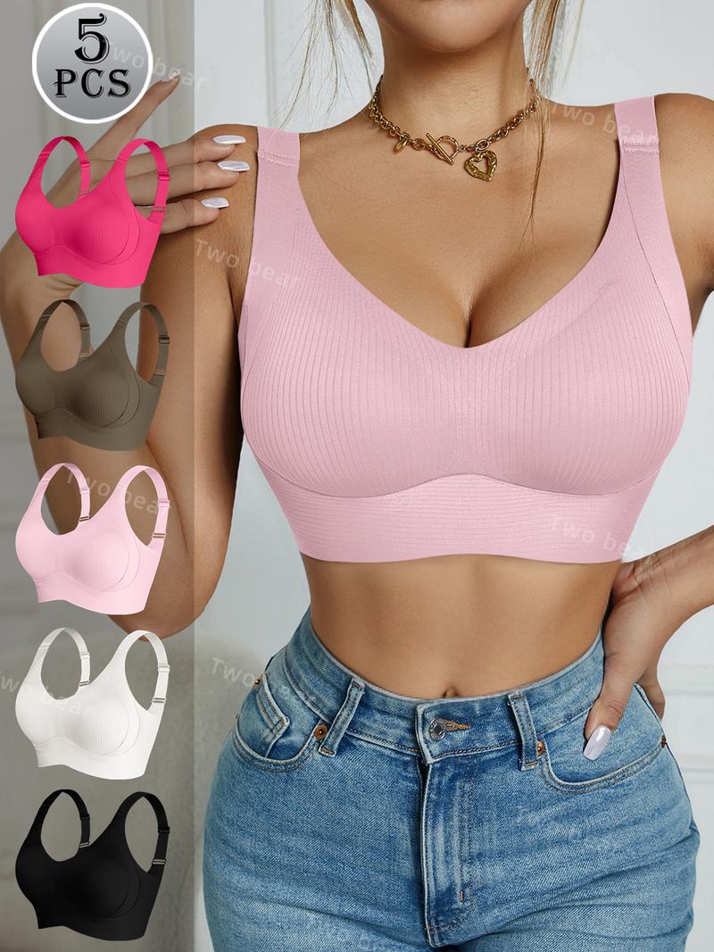 [7/5/4/3Pcs]Women's Solid Four-breastedAdjustable Wireless Bra,Curvy SoftComfortable BreathableRibbed PushUp Seamless Bra,Women's Lingerie forAll Seasons,Womenswear