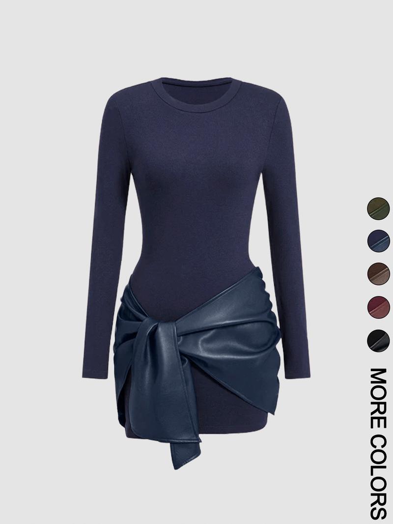 Women's Patchwork Knot Side Dress, Casual Fashion Long Sleeve Dress for Daily Wear, Ladies Clothes for All Seasons, Womenswear Women's Patchwork Knot Side Dress, Casual Fashion Long Sleeve Dress for Daily Wear, Ladies Clothes for All Seasons, Womenswear