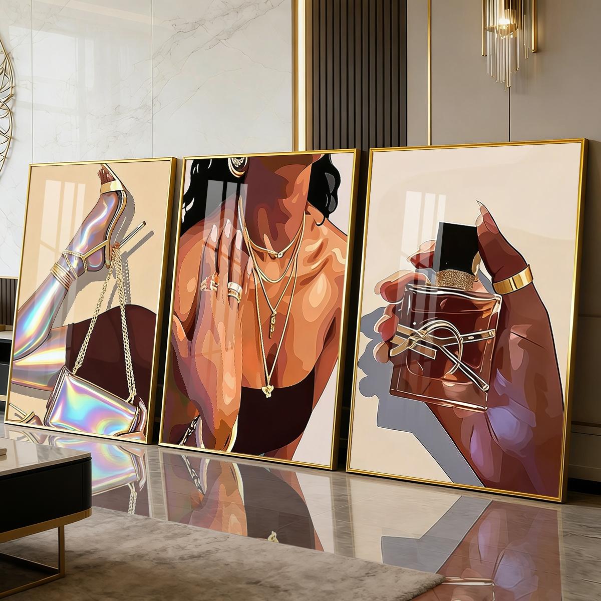 3 Counts Aluminum Alloy Framed Painting, Fashion Woman With Gold Jewelry And Perfume Art Pictures, Home Decoration For Living Room, Bedroom, Office, Restaurant, Hallway Wall Decor, Odorless Print Artwork, Luxury Perfect Gift For Friends And Family