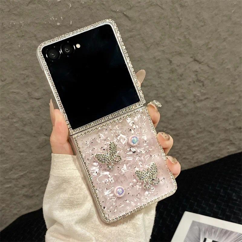Luxury 3D Butterfly Diamond Shell Pattern Phone Case For Samsung Galaxy Z Flip 3 4 5 6 7 FE With Wrist Chain Shockproof Cover