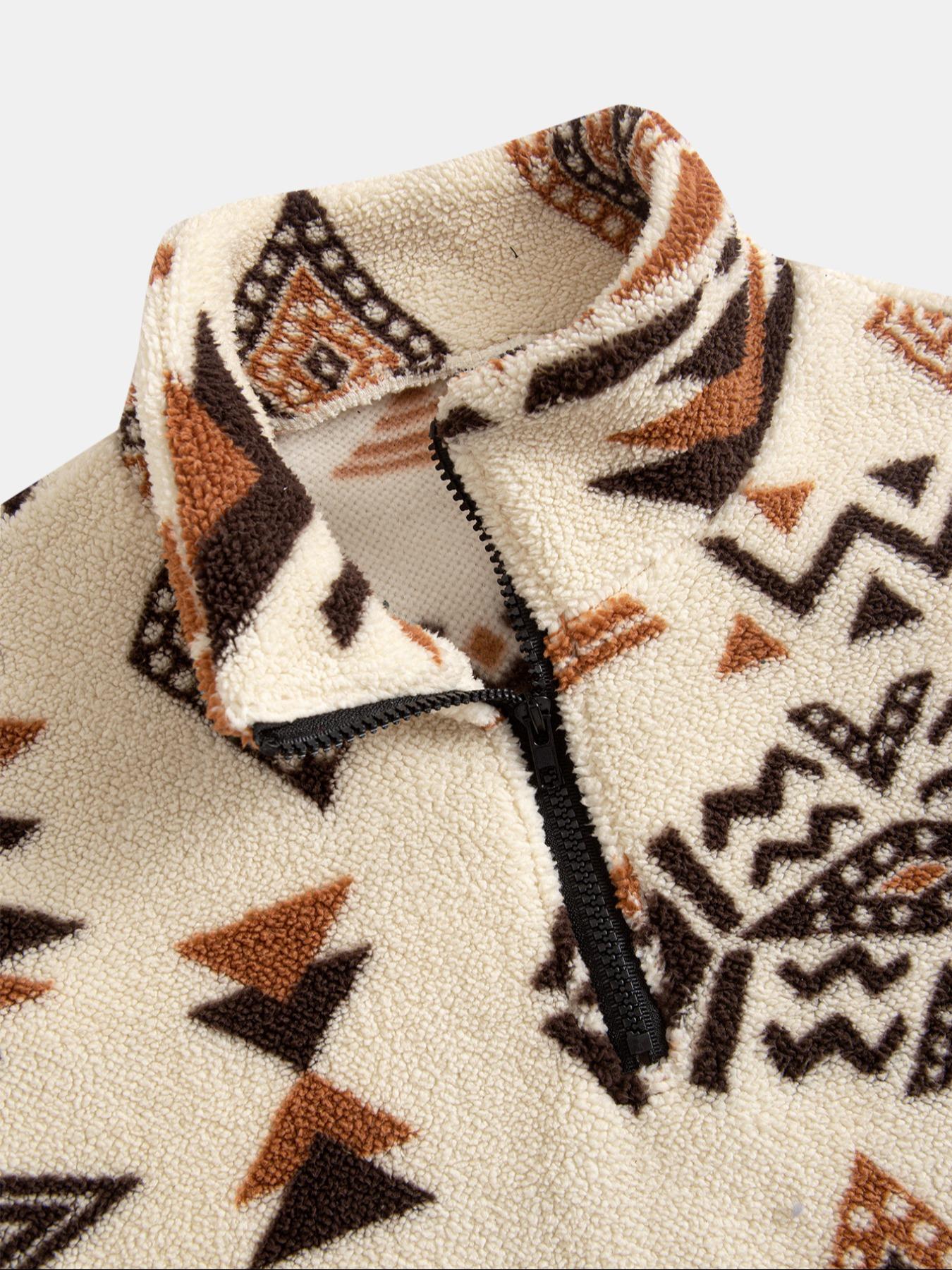 Men's Flannel Ethnic Print Hoodie, High Neck Half-Zip Pullover with Pocket, Warm Autumn Winter Casual Sportswear