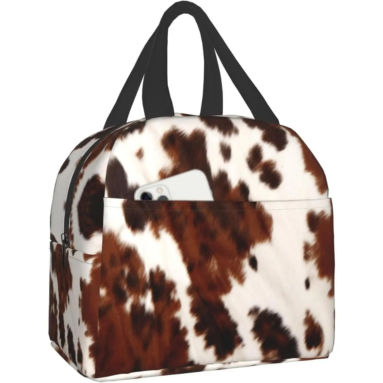 Portable Cow Skin Print Insulated Lunch Tote Bag, Unisex Reusable Waterproof Moisture-Proof Polyester Cooler, Easy-To-Clean Abstract Animal Print Multi-Function Food Bag for Work, Picnics, Hand Wash Only, Do Not Bleach, Not for Children Under 3 Yrs