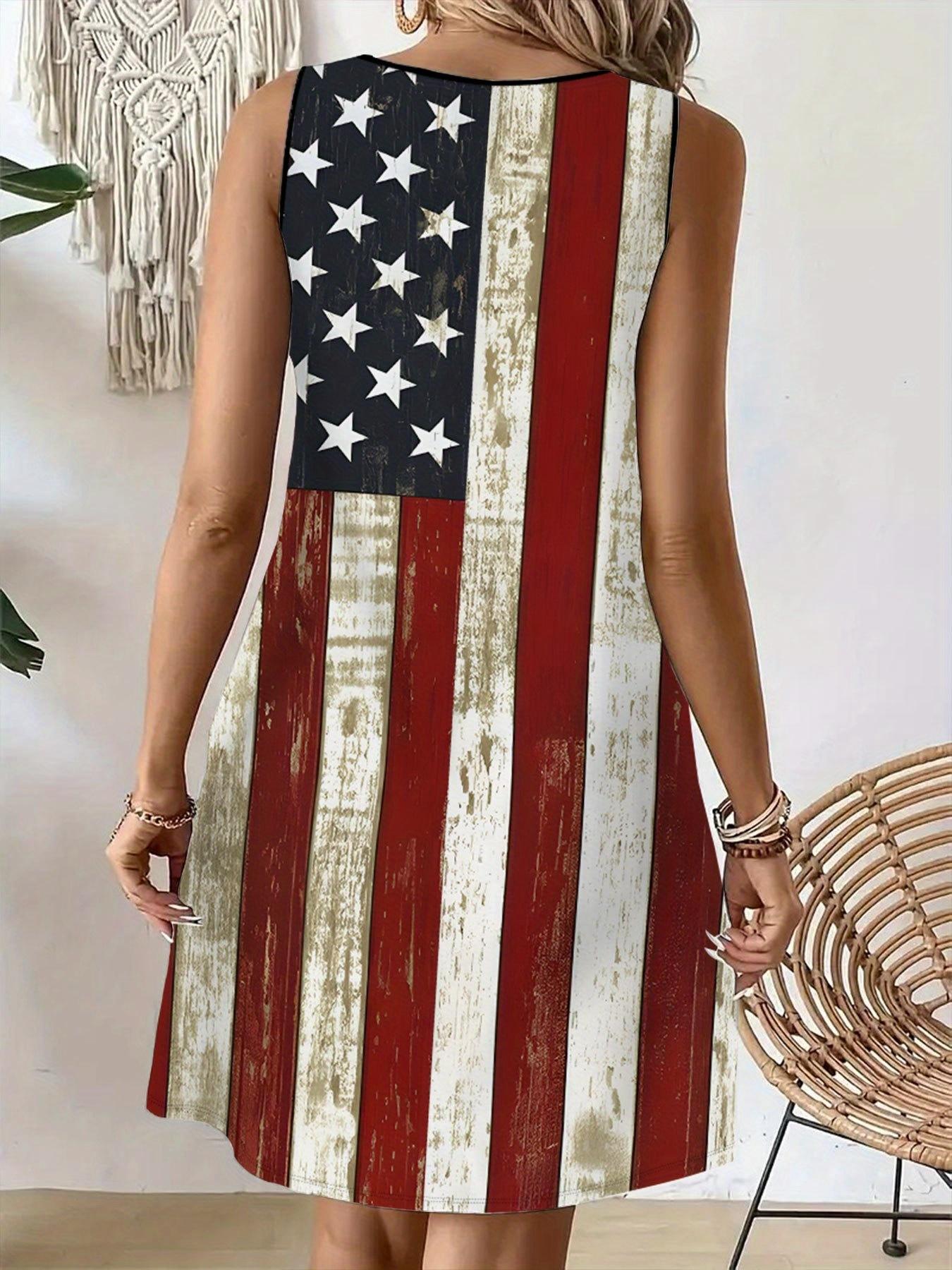 Women's sleeveless A-line dress featuring a U.S. flag print, perfect for celebrating Independence Day