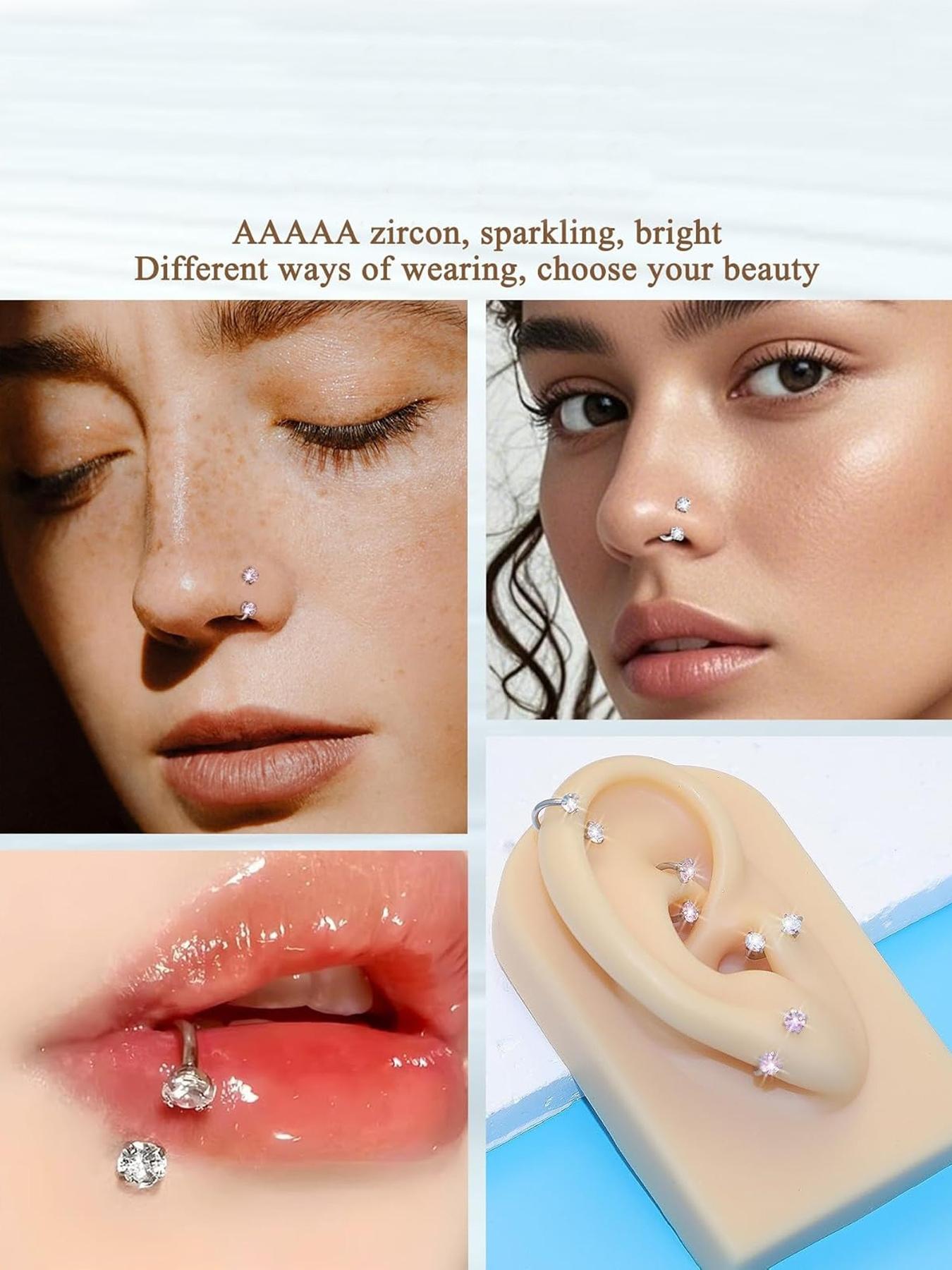 Hoop Nose Ring Set, Horseshoe Nose Rings for Women, Stainless Steel Piercing Jewelry, Dual Gemstone Hoop Rings, Surgical Steel Cartilage Spiral Earrings, Nose Piercing Kit