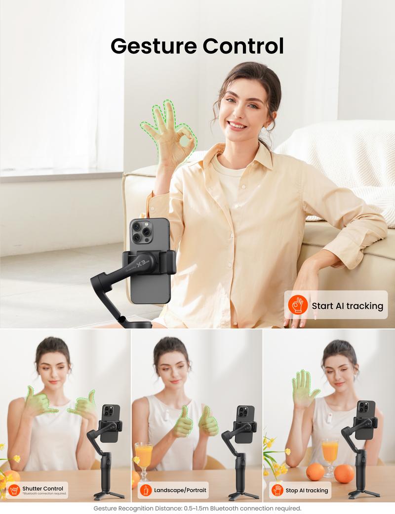 hohem iSteady X3 SE Plus Gimbal Stabilizer for iPhone, AI Facial Tracking,Smartphone Gimbal with Detachable Remote Control, Portable Foldable 3-Axis Phone Gimbal for Android & iPhone 17 ,Built-in Extendable Rod,Vlog Stabilizer,Cellphone&Selfie accessories