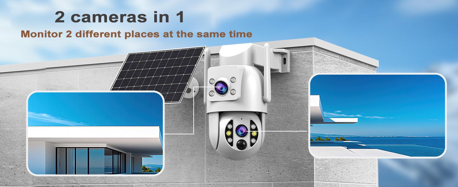【JOOAN 2K 3MP WiFi Wireless Solar Dual Lens Outdoor 360° PTZ Dual Screen Security Camera】Outdoor/Indoor IP66 Waterproof, Color Night Vision, PIR Human Detection, Two-Way Talk, Auto Tracking, Siren Alarm, SD/Cloud Storage (Optional), Alexa Compatible
