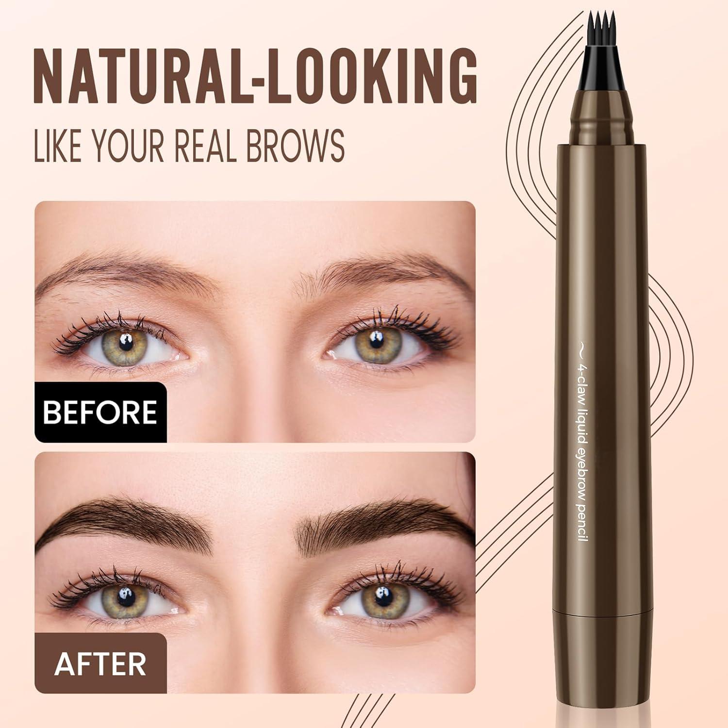 Microblading Eyebrow Pencil, 3D Waterproof Microblading Eyebrow Pen 4 Fork Tip Tattoo Pencil, Precise Natural Brow Magic Eyebrow Pencil with Hair Like Strokes, 4 Points Multi-Used Eye Brow Pencils for Women