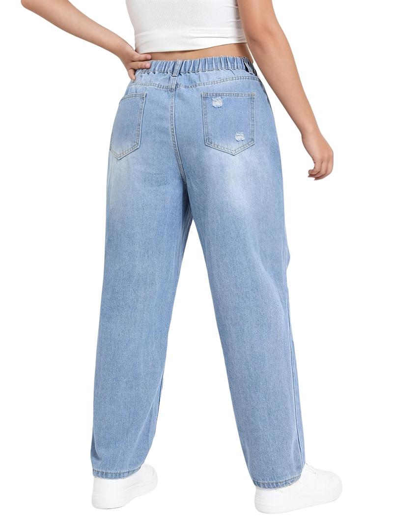 Women's Plus Size High Waist Loose Fit Jeans, Fashionable Ripped Long Pants, Casual Denim Trousers for Comfort and Style