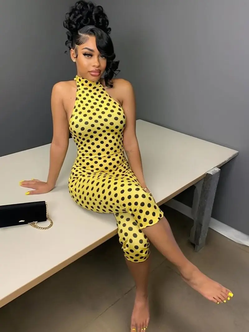 Women's Polka Dot Halter Tie Backless Jumpsuit, Womenswear, Ruched Design Chic Vibe, Perfect for Parties & Gatherings