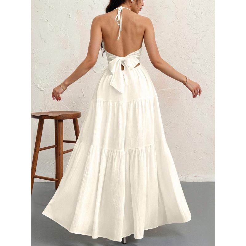 Solid Color Elegant Halter V-Neck Sexy Backless French-Style Temperament Maxi Dress