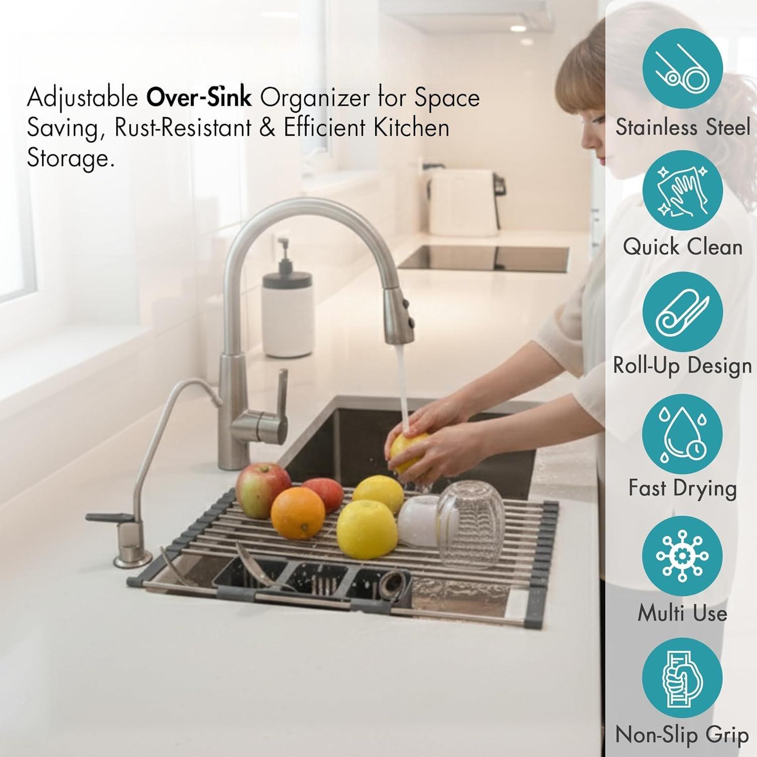 ™ Expandable Roll Up Dish Drying Rack for Small Sinks - Expandable 12.8 to 22.8 Inch Over Sink Rack, Fits Apartments, RVs and Office Kitchens, Stainless Steel, 2 Baskets