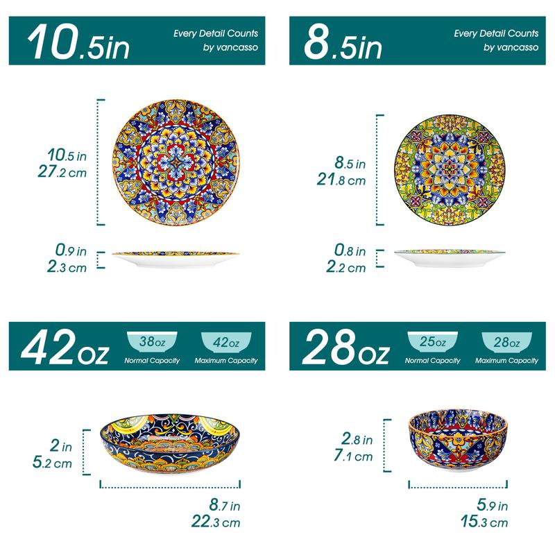 vancasso 24/18/12 Pieces Dinnerware Sets, Plates and Bowls Set, Porcelain Dishes Set for 4/6, Microwave and Dishwasher Safe, Scratch Resistant, Bohemian Style Dining Ware, Series SIMI Tableware