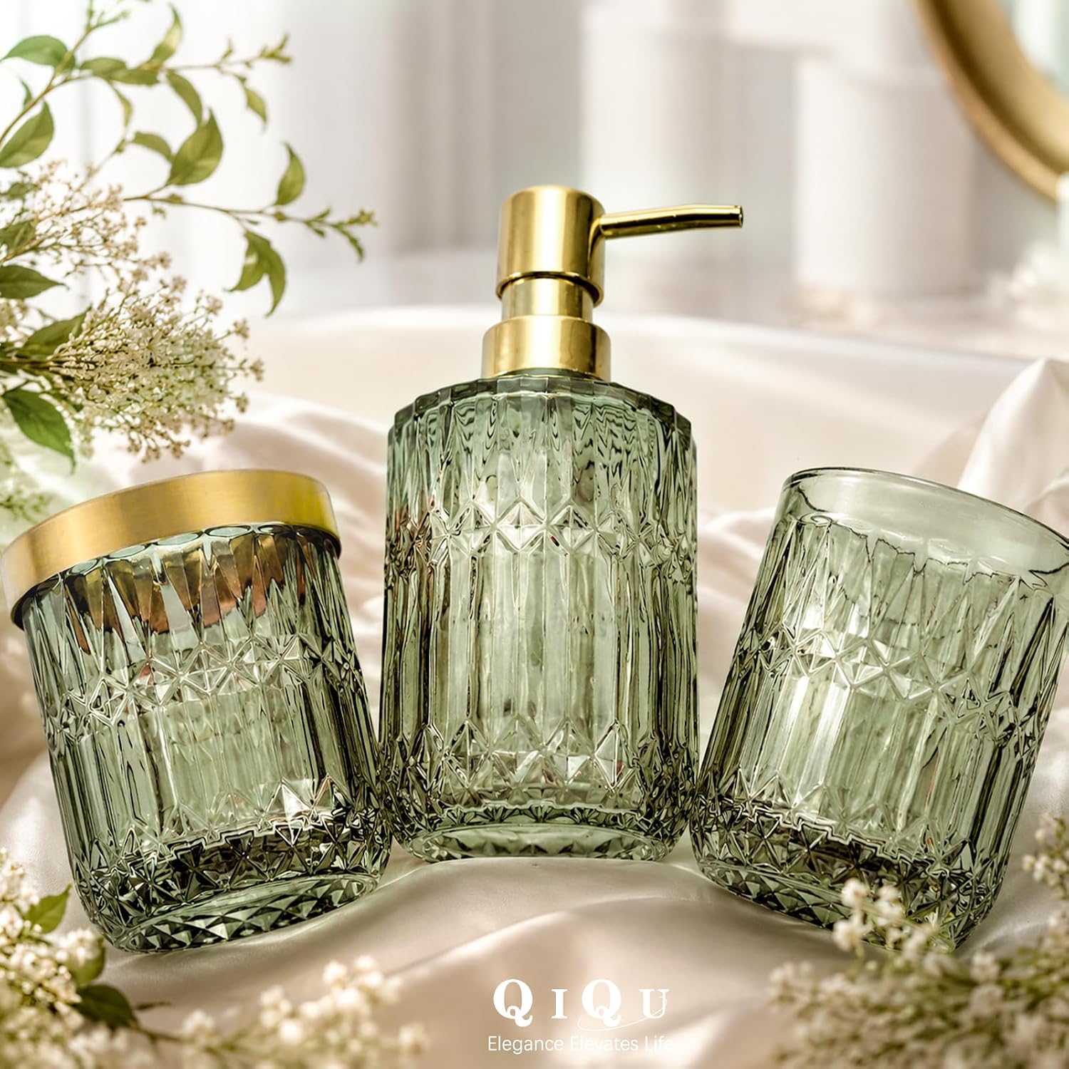 Green Bathroom Accessories Set, 5 count Clear Glass Green Accessories with Lotion Soap Dispenser, Soap Dish,  Holder, Tumbler,  Swab Jar, Modern Bathroom Decor
