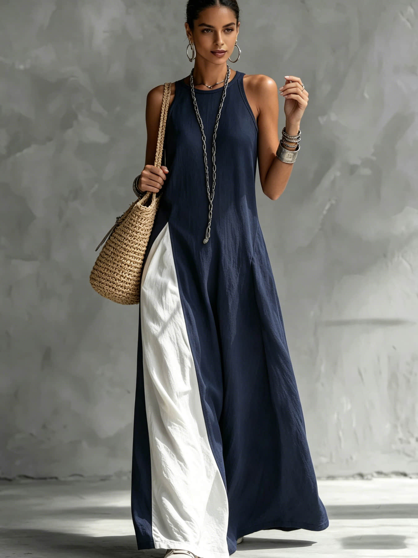 A women's color-blocking dress, Casual Beach Dress, Beach Resort Wear, with sleeveless vest, draping and flesh-concealing long skirt, suitable for summer, beach vacation, exploring shops, attending exhibitions, dating, and enjoying afternoon tea