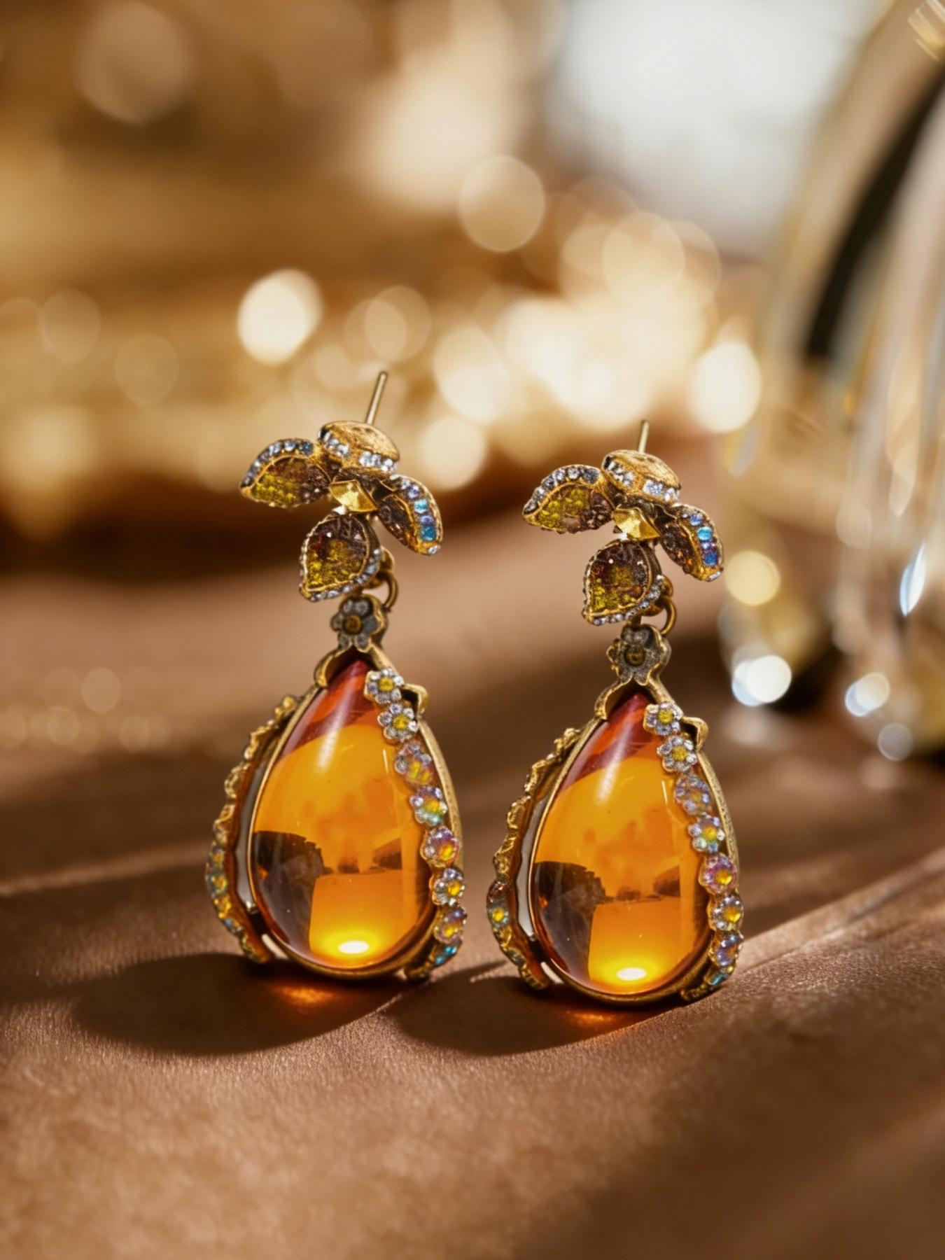 1 pair of retro elegant amber style pendant earrings, suitable for daily commuting, vacation and dating, and is also a surprising and exquisite small gift.