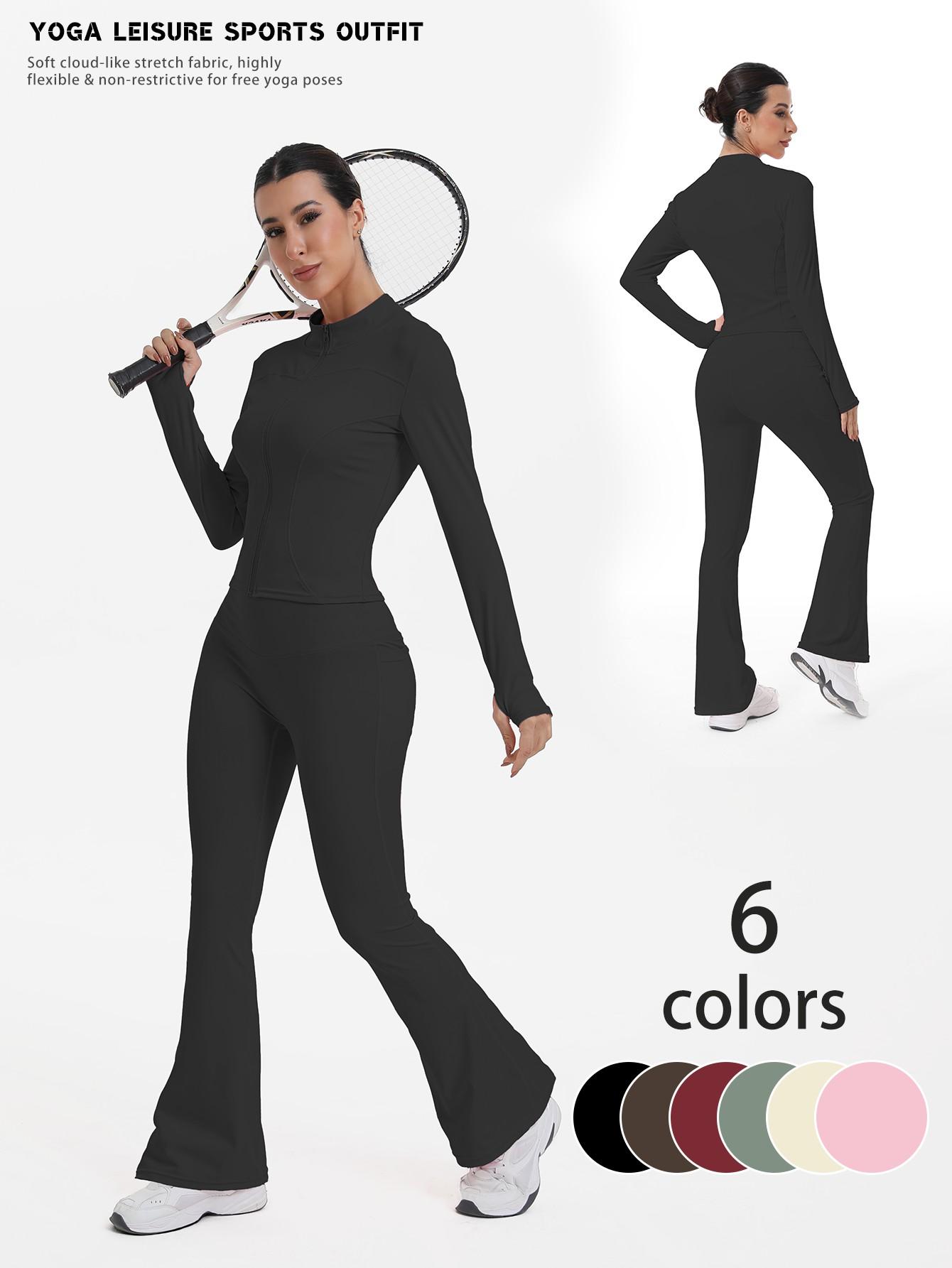 New Women's Two-Piece Set, Fashion Simple Solid Color Long Sleeve, High Elasticity Yoga Pants, Suitable for Daily Wear, Running, Cycling, Sports Activewear Set