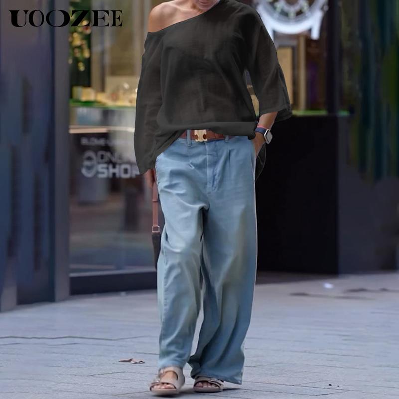 UOOZEE Women's Summer Cotton Blouses - Off Shoulder Long Sleeve Tops in Solid Color for Casual Wear High-Quality Material Multiple Color Options T-shirts