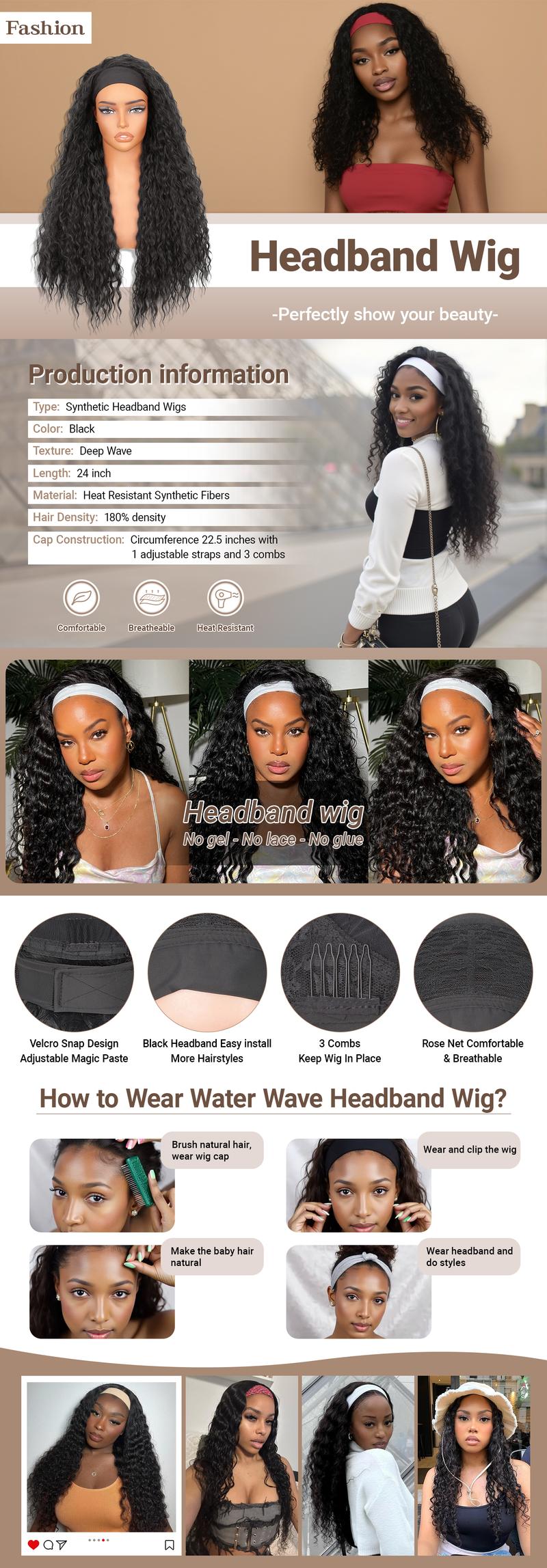 Headband Deep Wave Synthetic Wig 24 Inches Deep Wave Wigs for Women Glueless None Lace Wig with Headband Attached Synthetic Wigs