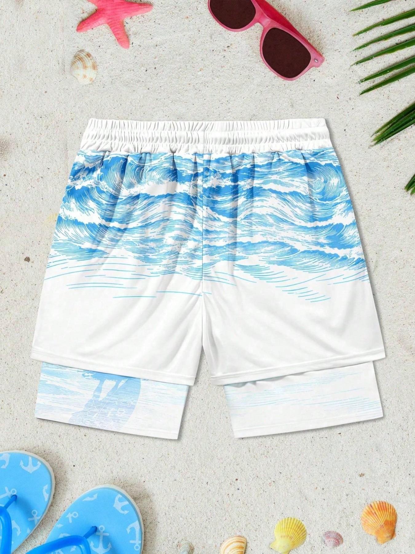 Men's Surf Print Double-Layer Beach Shorts, Summer Swim Trunks, Comfortable Breathable Design, Casual Fitted Style, Ideal for Vacation and Daily Wear
