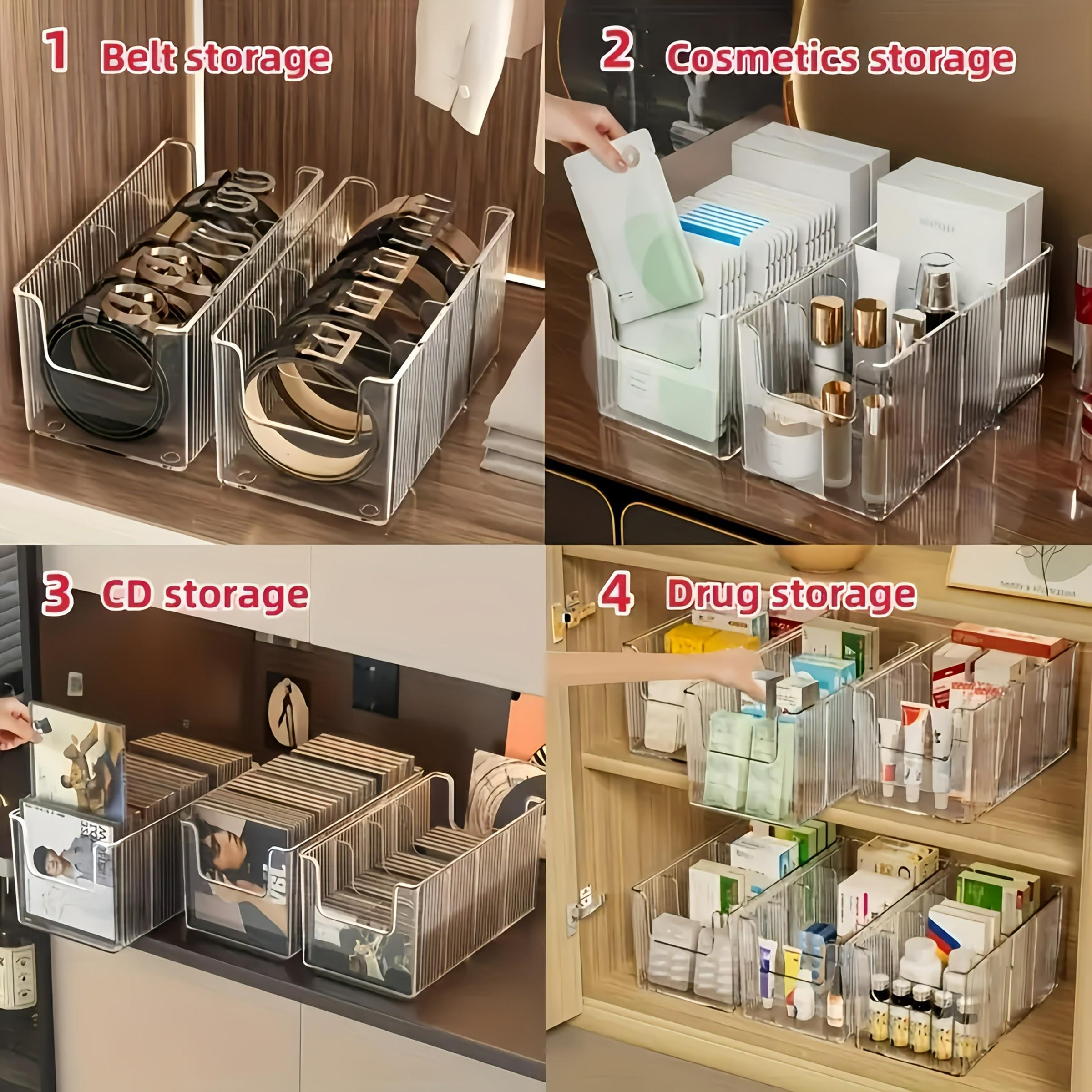 High Capacity Transparent Plastic Belt Organizer Box, 4 Compartments with Removable Dividers, Desktop Makeup Storage Shelf