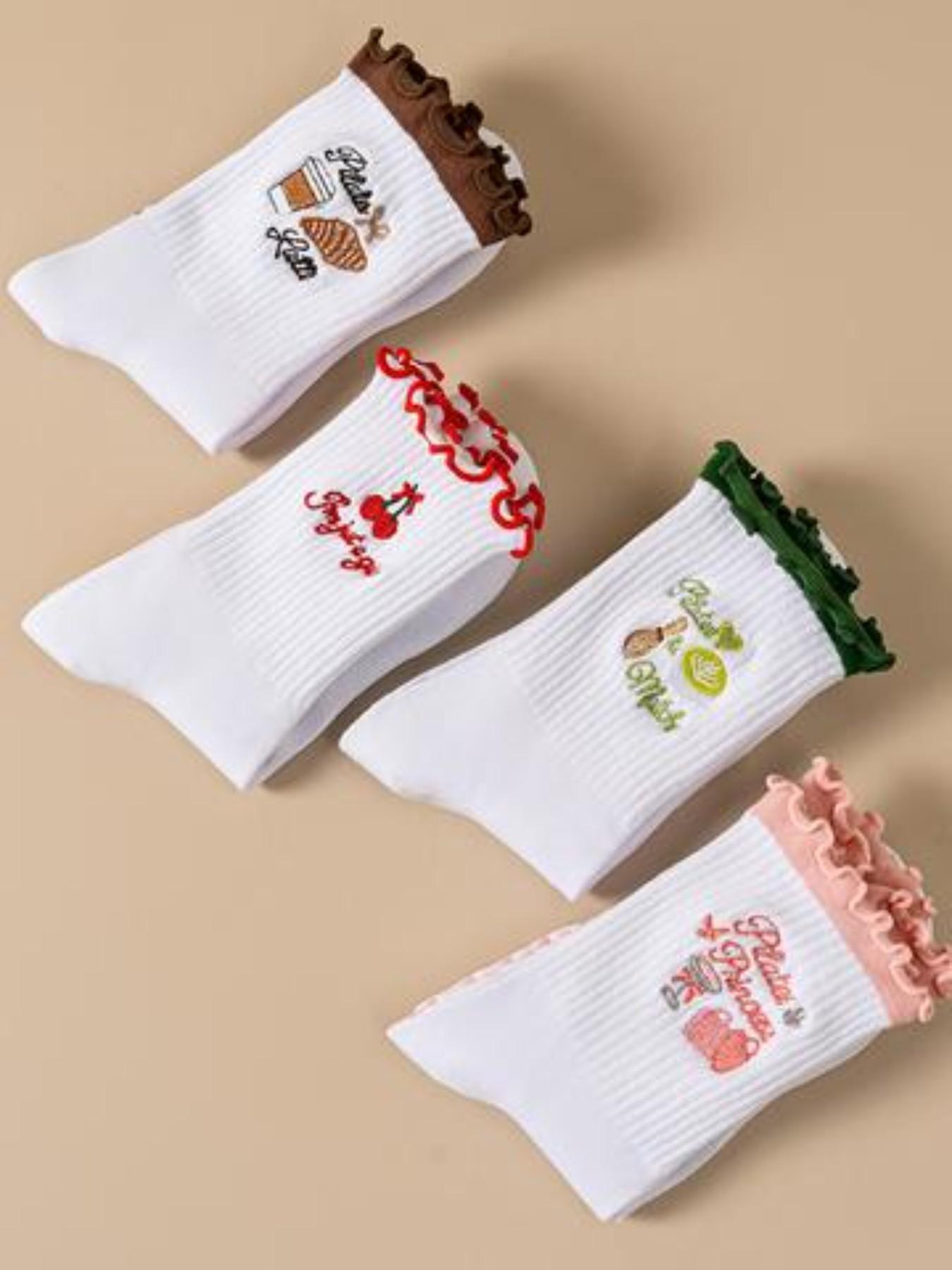 4 Pairs Women's Sports Socks, Cute Cartoon Embroidered Ankle Socks, Non-Slip Silicone Pilates Yoga Socks, Breathable Indoor Dance Socks