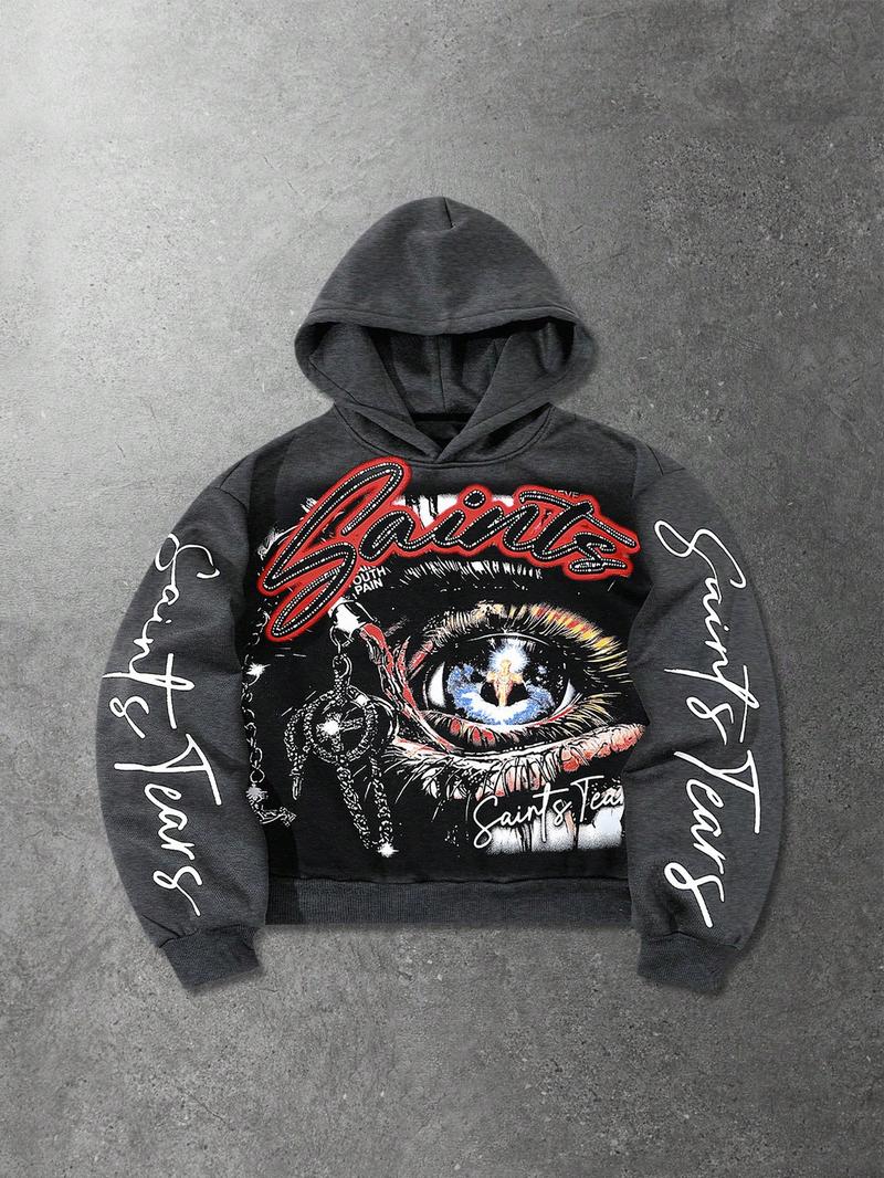 Men's Hooded Sweatshirt Autumn Winter Casual Street Fashion Street Style American Fashion Eye Element English Pattern Print Short Hoodie