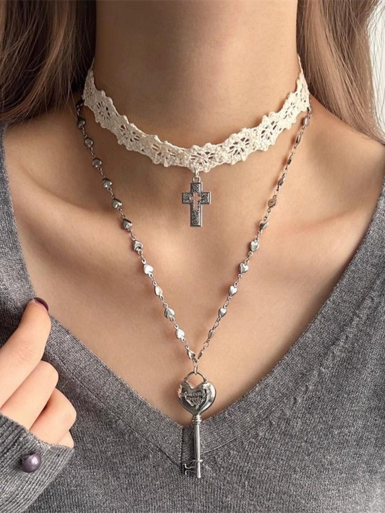 2PCS Lace Cross Keychain Necklace, Retro Style, Simple Fashion, Perfect Gift, Daily Accessory, Party, Holiday