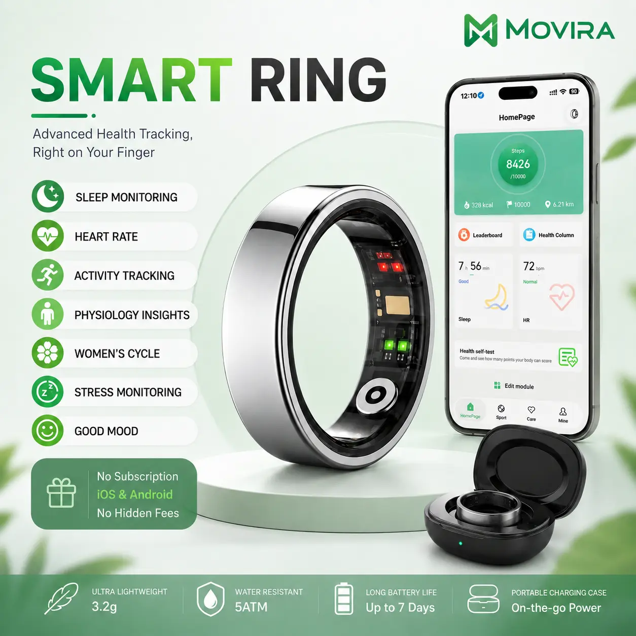 Smart Ring, Movira Ring Health Tracker, Fitness Tracker with 24/7 Sleep Tracking, Heart Rate, Stress & Cycle Insights, Family Care Mode, Free App, No Subscription for Men & Women, Android & iOS Compatible, Wearable, IP68 Waterproof Wearable Sport Device
