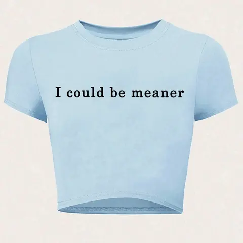 Women's "I Could Be Meaner" Slogan Print Round Neck Crop Tee, Y2K Trendy Casual Short Sleeve Crew Neck T-shirt for Daily Wear, Ladies for Summer, Sarcastic Tee
