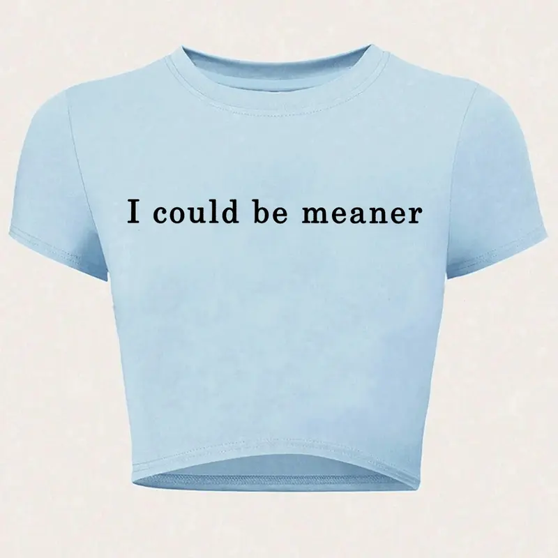 Women's "I Could Be Meaner" Slogan Print Round Neck Crop Tee, Y2K Trendy Casual Short Sleeve Crew Neck T-shirt for Daily Wear, Ladies for Summer, Sarcastic Tee