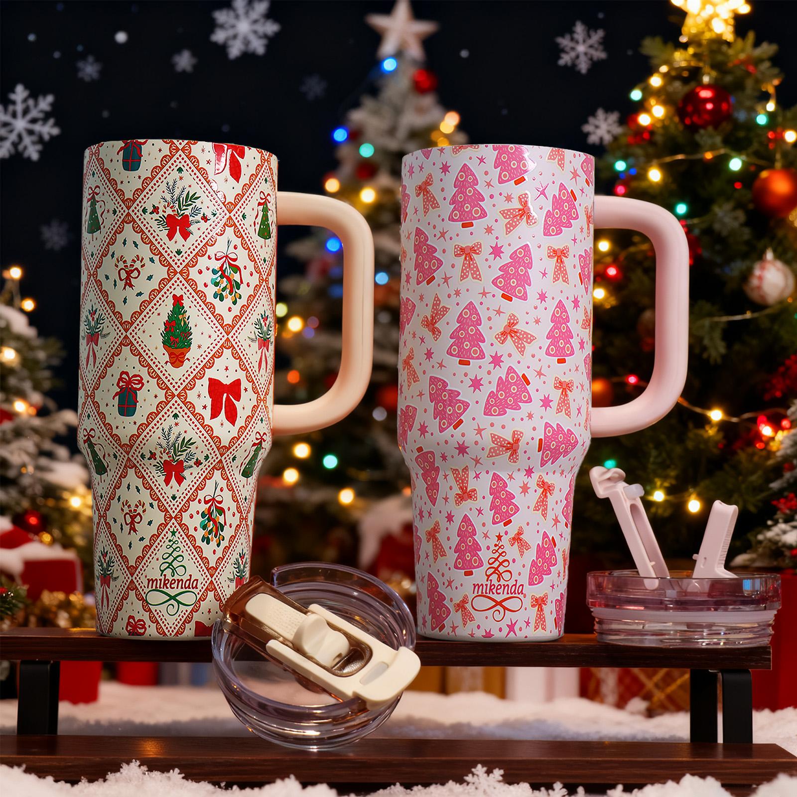 1 Pc 40oz insulated thermal mug with handle, double wall leak-proof vacuum cup, pink Christmas tree and bow pattern, festive cute holiday design, keeps hot 12 h/cold 24 h, large capacity tumbler for hot cold drinks, Thermos Cup, Thermal Flask