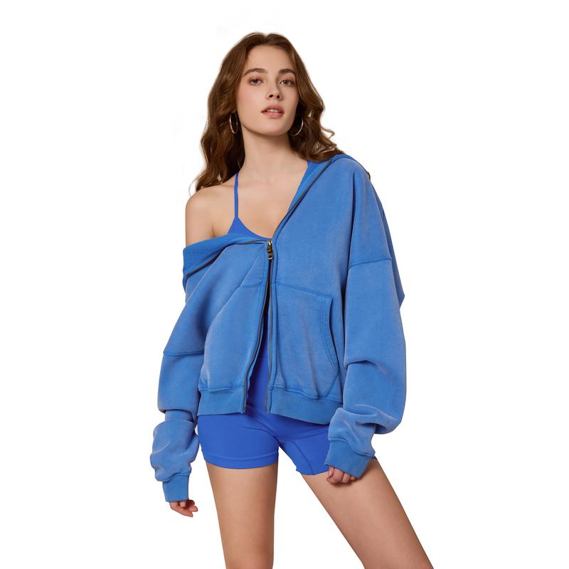 FAIABLE Unisex Oversized Acid Wash Sweatshirt with Double Zipper – Soft Fabric Washed Long Sleeve Pullover for Ultimate Comfort and Vintage Style – Minimalist Tops Perfect Basic Hoodie for Every Casual Occasion