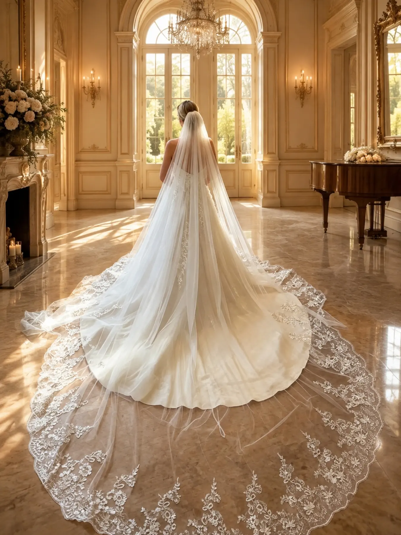 This 3-meter-long wedding veil, Wedding veils for brides, features floral embroidery and lace edging along the hem, crafted from soft tulle, comes with a concealed hair comb, perfect for church weddings and wedding photography