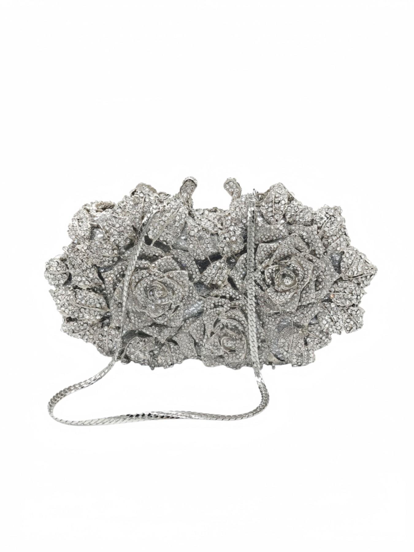 Elegant Evening Bag for Women, Sparkling Floral Crystal Wallet, Handmade Metal Rhinestone Clutch, Perfect for Weddings and Formal Events
